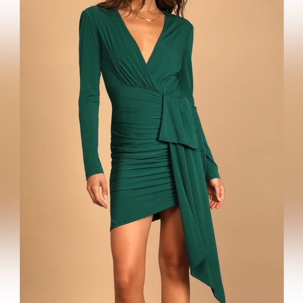 Lulu's Deep Green Long Sleeve Wrap Dress